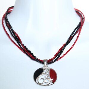 Tribal Multi Strand Red Black Micro Beaded Silver Pendant Collar Necklace